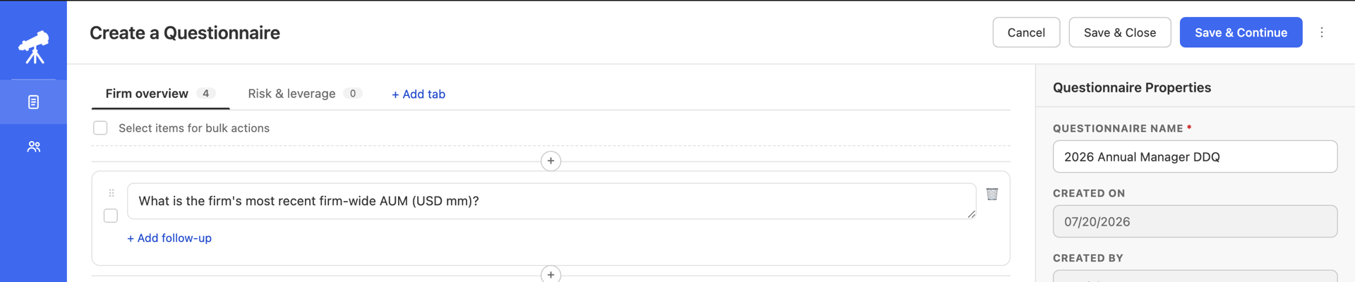 The Trapol8 Ask questionnaire composer, showing a questionnaire built from tabbed sections with questions added from a reusable question library.